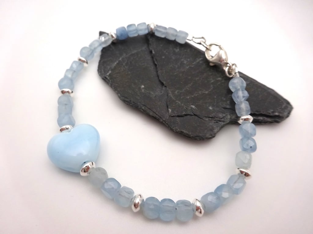 lampwork glass blue heart and aquamarine gemstone bracelet