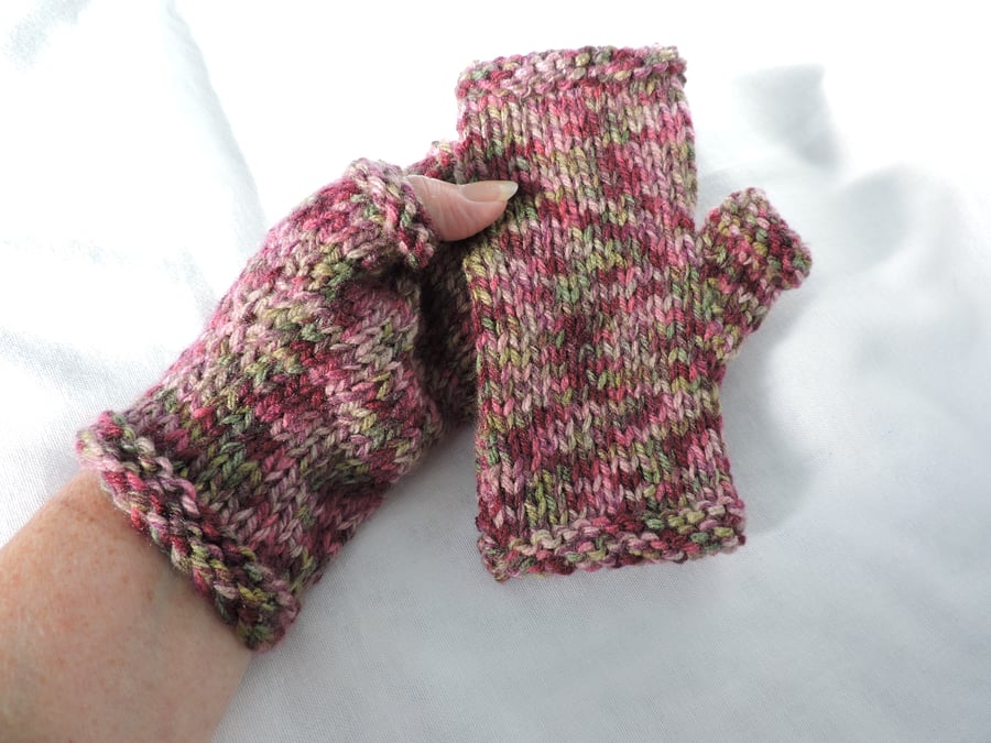 Chunky Knit Fingerless Mitts  Multi  Pink and Green