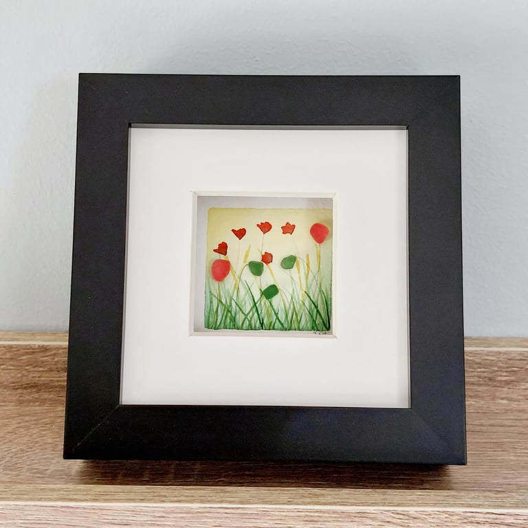 Original Poppy Field Art with Sea Glass - Thoughtful Thank You Gift