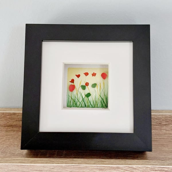 Original Poppy Field Art with Sea Glass - Thoughtful Thank You Gift