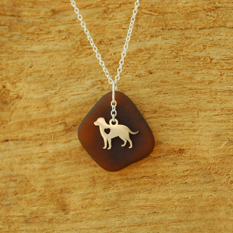 Brown beach glass pendant with dog charm