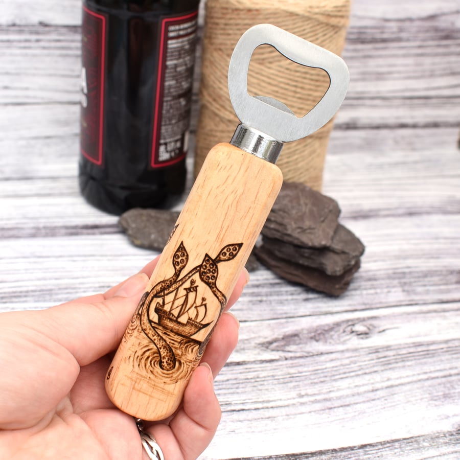 Trouble at sea! Hand burned pyrography bottle opener. Practical unusual gift.