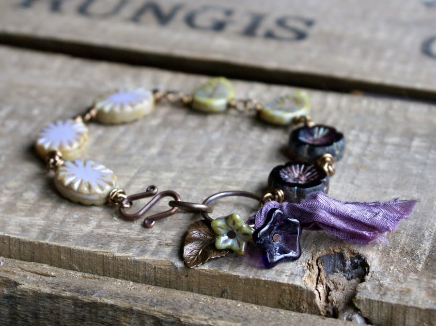 Lavender and Sage Wire Wrapped Beaded Bracelet