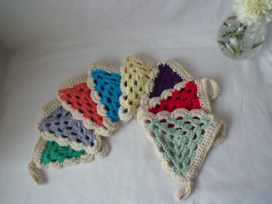 crochet multi coloured cotton bunting, colourful flag pennant