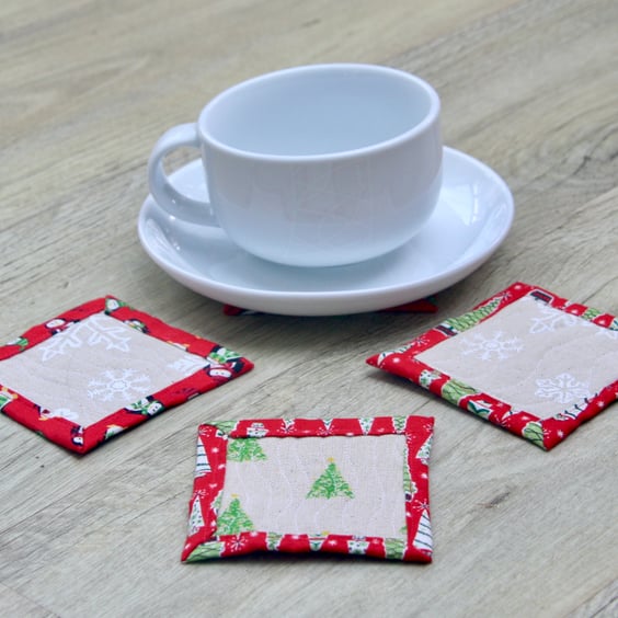 Fun Quilted Christmas Coasters featuring Tree and Snowflake designs.