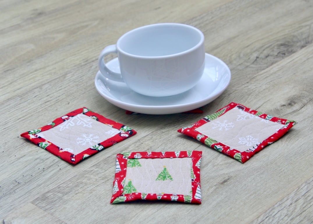 Fun Quilted Christmas Coasters featuring Tree and Snowflake designs.
