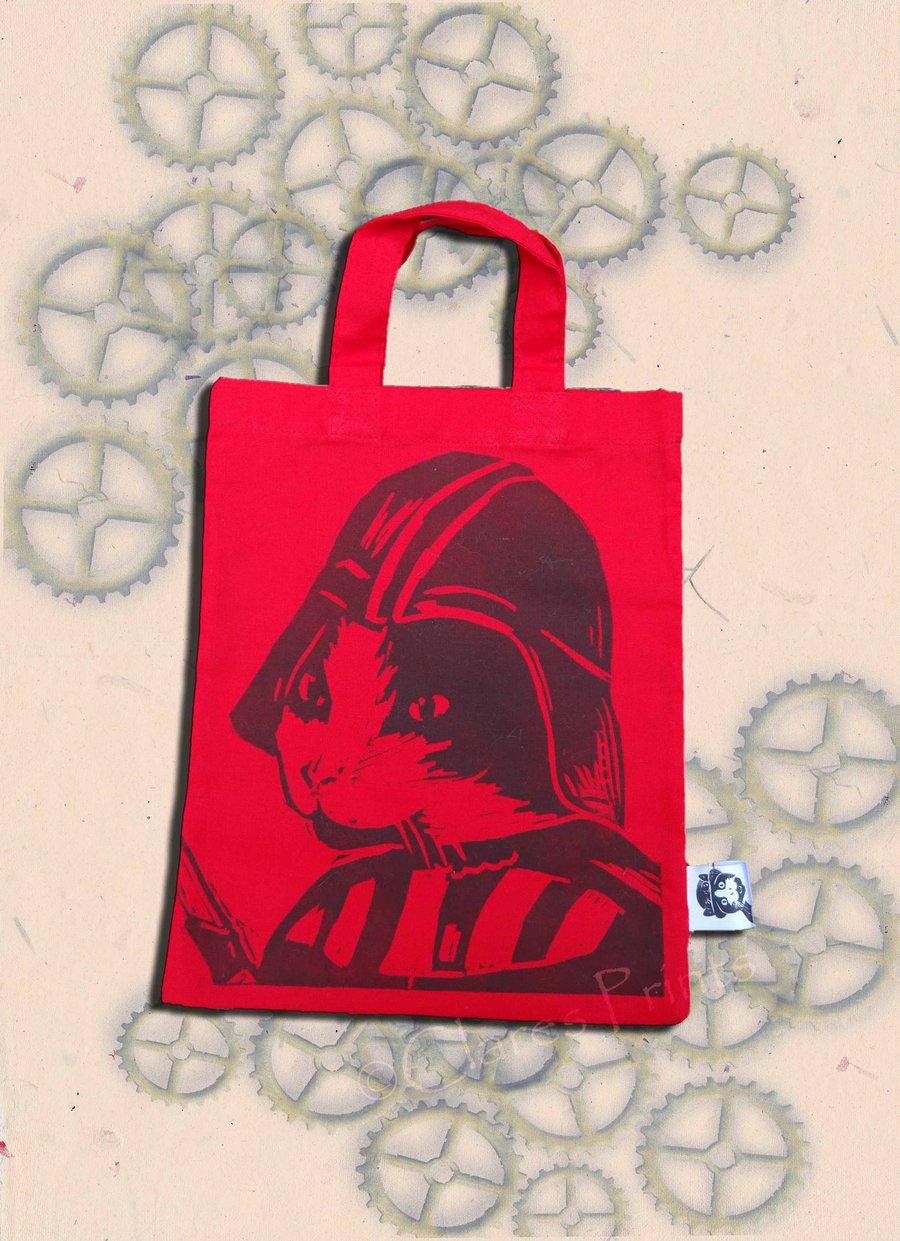 Darth Vadar Cat Tote Hand Printed Red Mini Tote Shopping Bag