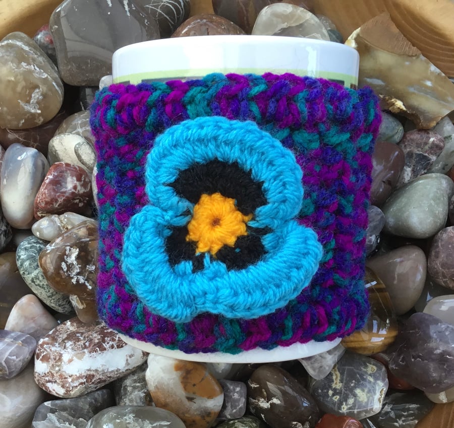 Blue Pansy & Purple Profusion Crocheted Mug Cosy or Mug Hug! Hug your Mug!