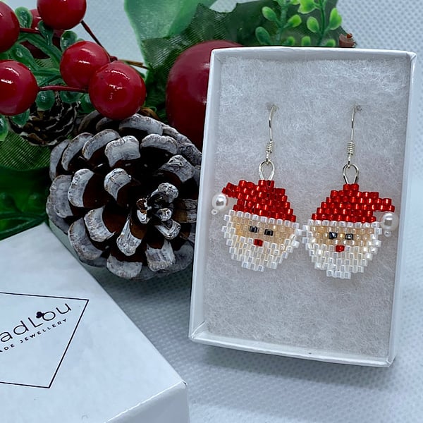 Sterling Silver Bead Weave Father Christmas Earrings