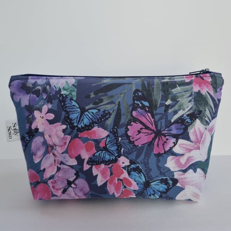 Upcycled butterfly and floral make up bag - handmade zipped pouch