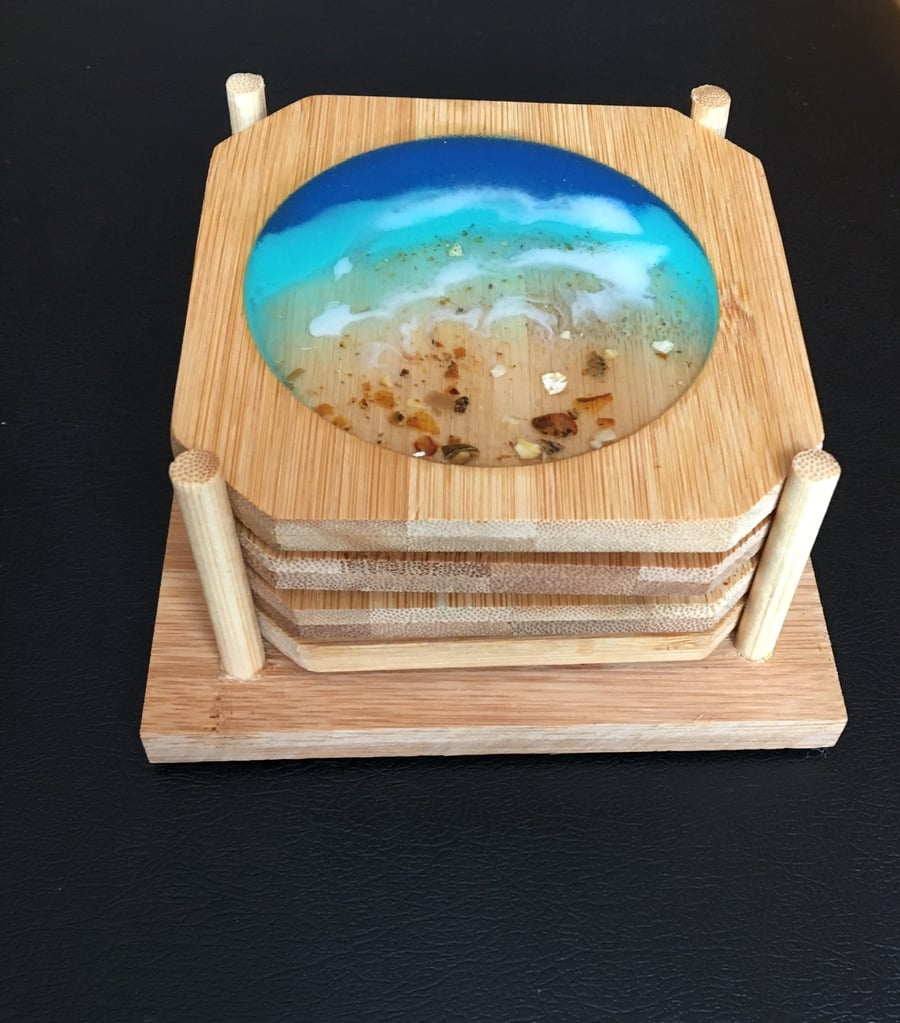SALE. Sea resin art coasters, set of 4, holder  and extra coaster, hanging .