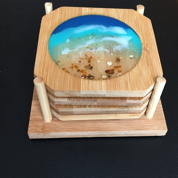 SALE. Sea resin art coasters, set of 4, holder  and extra coaster, hanging .
