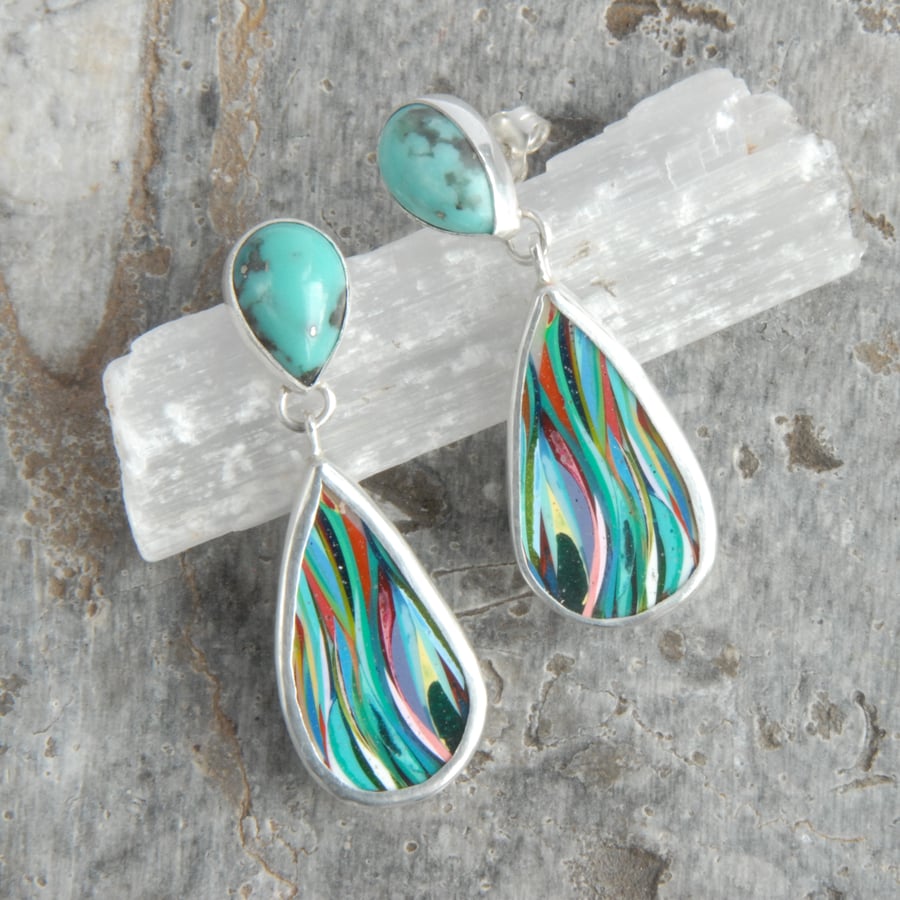 Turquoise, Puerto Rican surfite and silver drop earrings