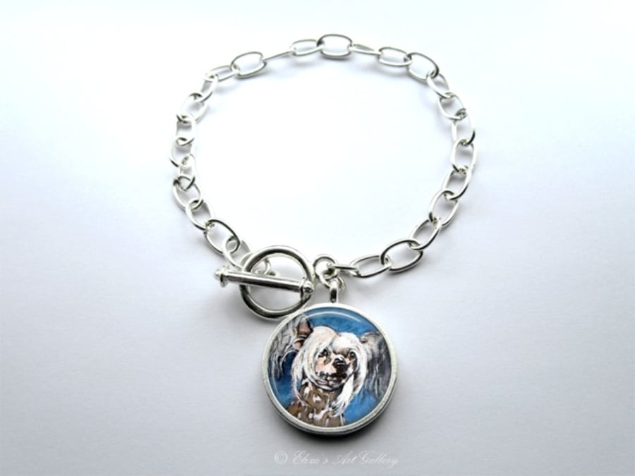 Silver Plated Chinese Crested Dog Large Link Charm Bracelet With Toggle