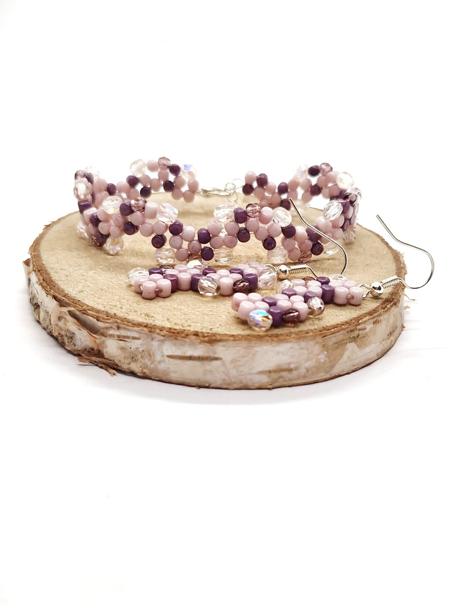 Pink purple and silver  wavy pebble bracelet and earrings set