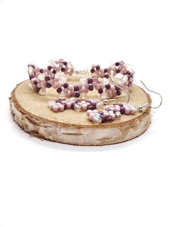 Pink purple and silver  wavy pebble bracelet and earrings set