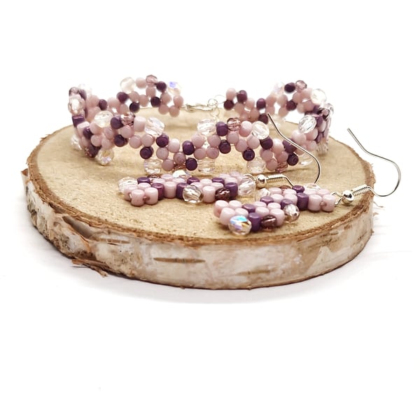 Pink purple and silver  wavy pebble bracelet and earrings set