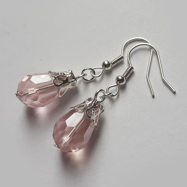 Baby Pink Crystal Drop Dangle Silver Plate Teardrop Earrings