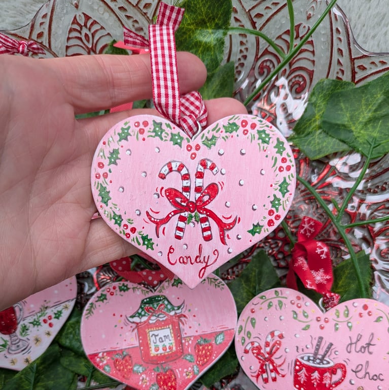 Candy cane hand-painted wooden heart decoration 