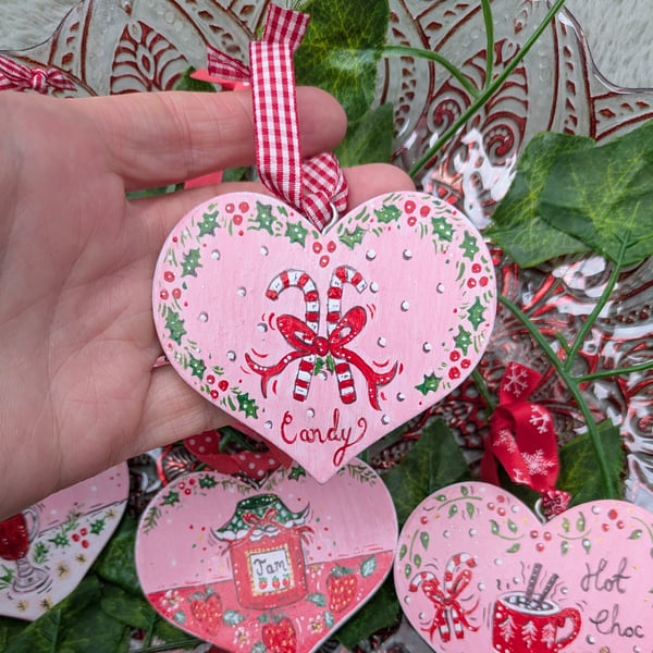 Candy cane hand-painted wooden heart decoration 