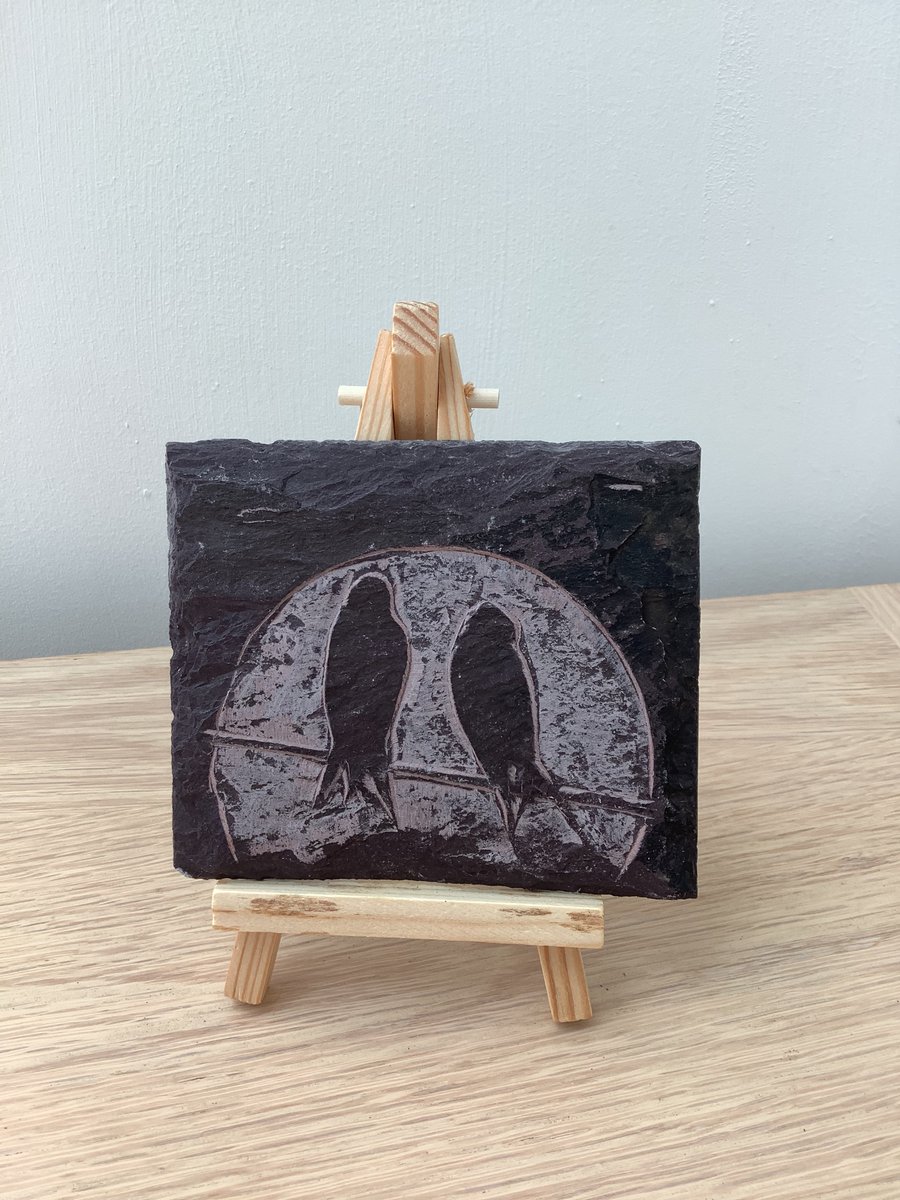 Lovebirds - Two birds by the moon - original art hand carved on slate