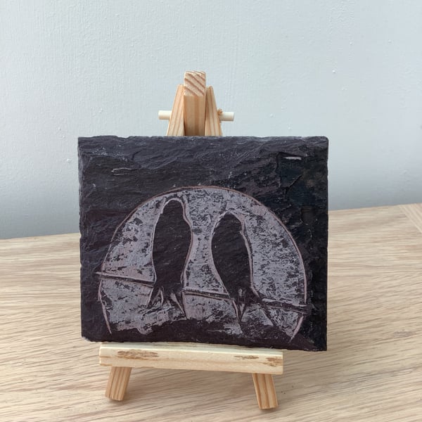 Lovebirds - Two birds by the moon - original art hand carved on slate