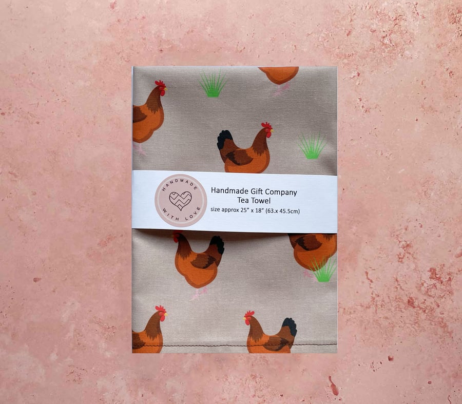 Fabric Handmade Pretty Cotton Tea Towel with a Hen Design in Light Brown