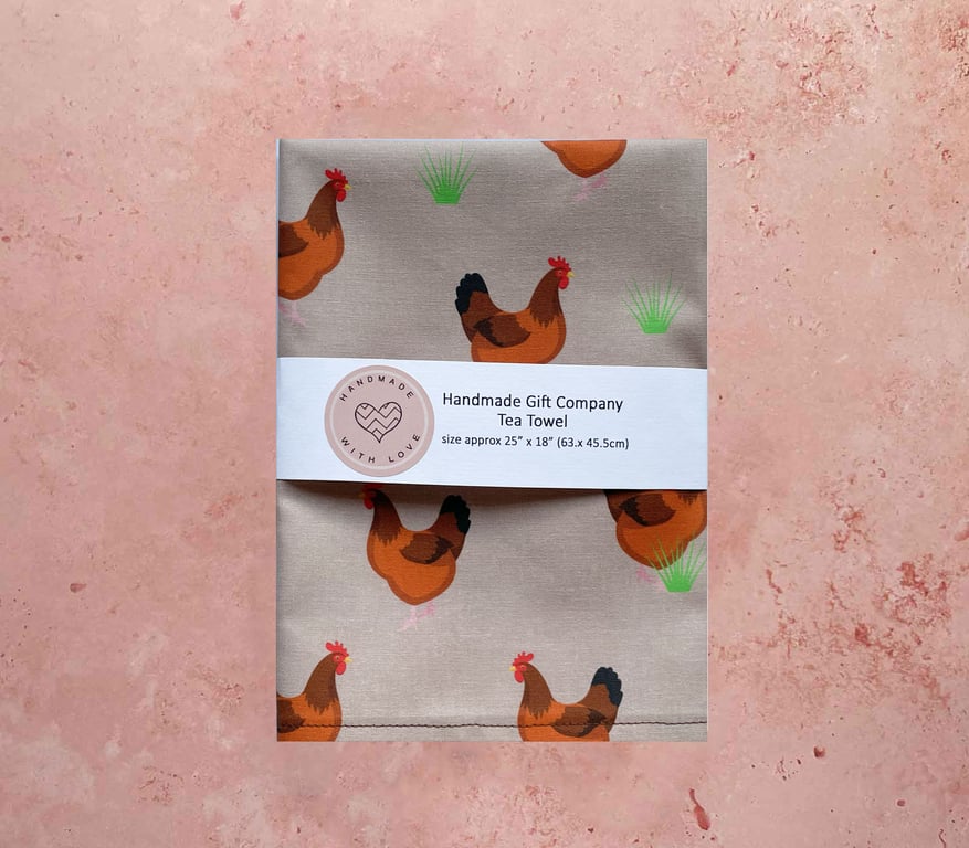 Fabric Handmade Pretty Cotton Tea Towel with a Hen Design in Light Brown