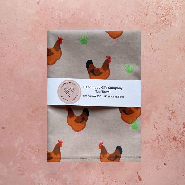 Fabric Handmade Pretty Cotton Tea Towel with a Hen Design in Light Brown