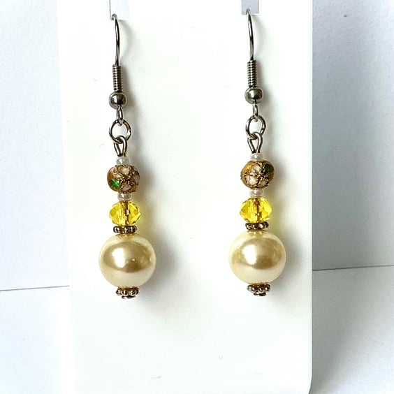 Yellow Triple Bead Earrings 