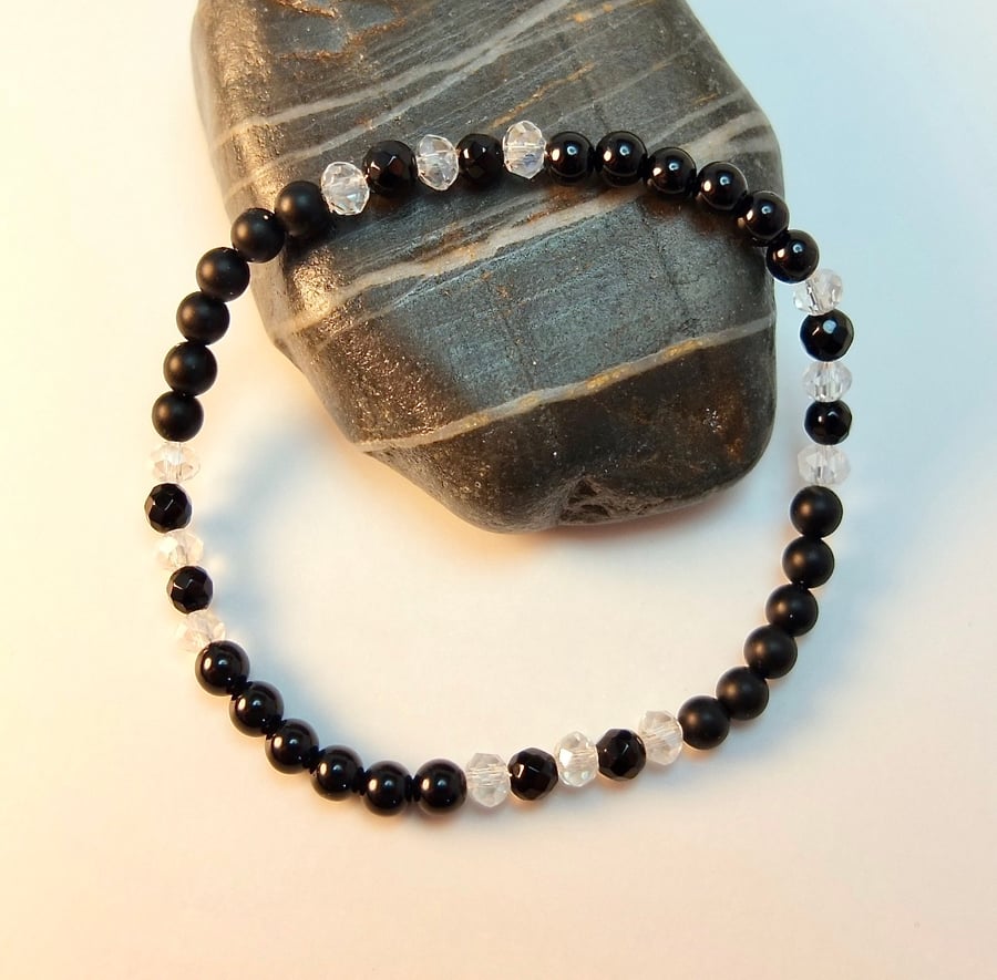 Black Onyx And Crystal Glass Bracelet - Handmade In Devon
