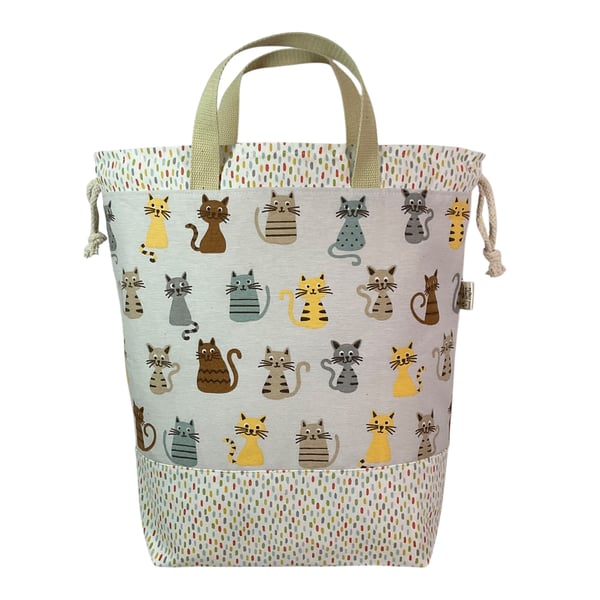 Extra Large drawstring knitting bag with cat print, multi pockets project bag