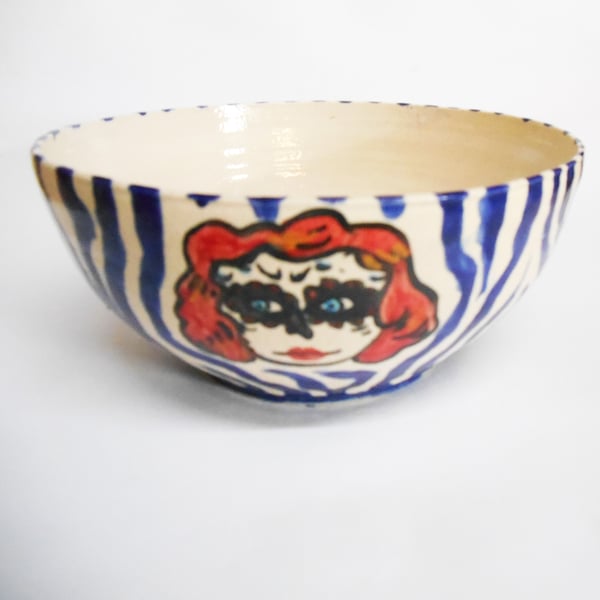 Bowl, Day of the Dead 4 heads Stoneware Ceramic Indigo Blue striped  glaze.