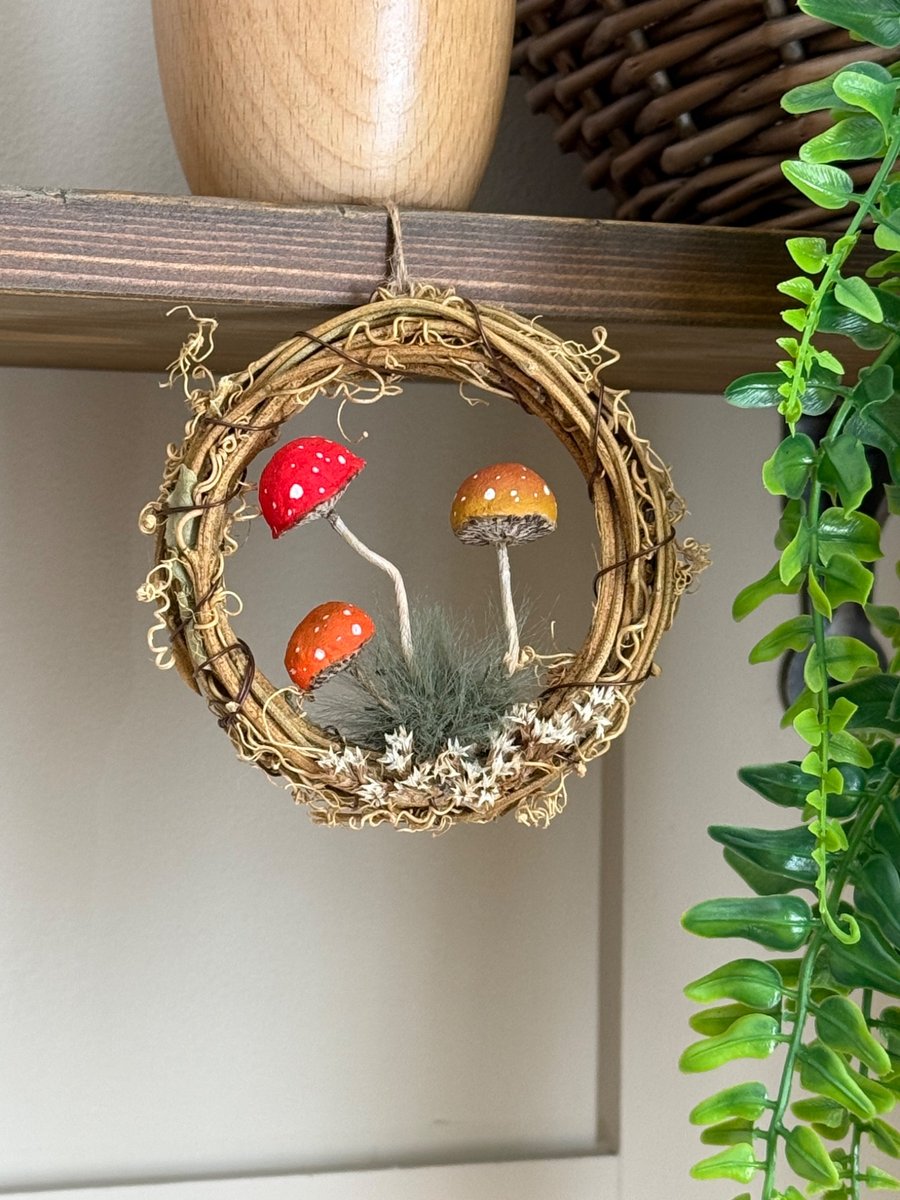 Spun Cotton Mushrooms in Grapevine Hoop Multi