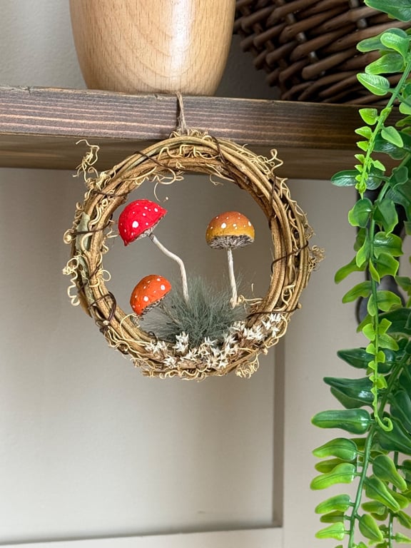 Spun Cotton Mushrooms in Grapevine Hoop Multi