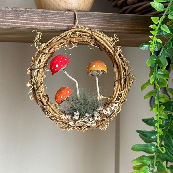 Spun Cotton Mushrooms in Grapevine Hoop Multi