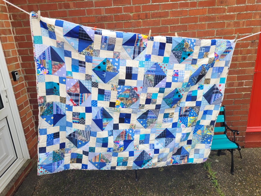 Homemade Blues and twos patchwork quilt