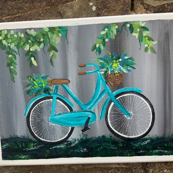 Acrylic Painting. Blue Bicycle. Flower Basket. 9 by 12 Flat Canvas