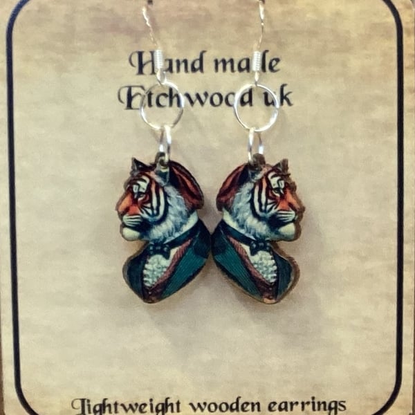 Tiger Earrings. wooden earrings.