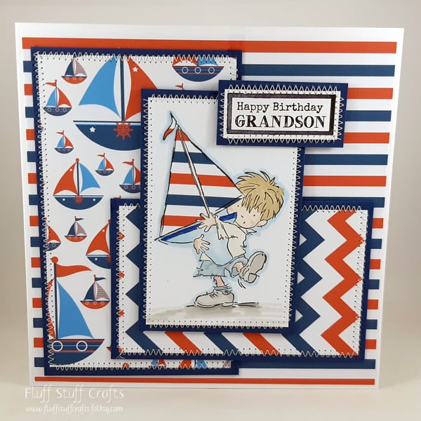 Handmade grandson birthday card - boating fun