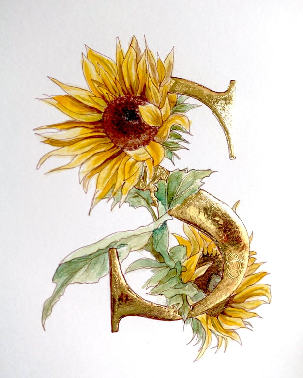 Sunflower Pure Gold Leaf and Watercolour Art.   Personalised Gifts.