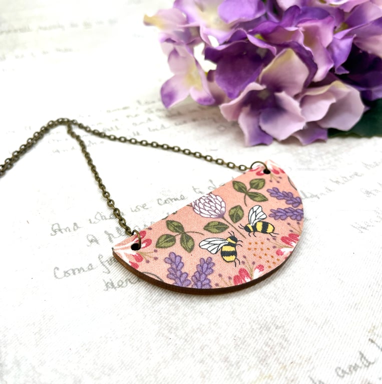 Bees and flowers statement curved fabric wood necklace