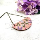 Bees and flowers statement curved fabric and wood necklace nature lover