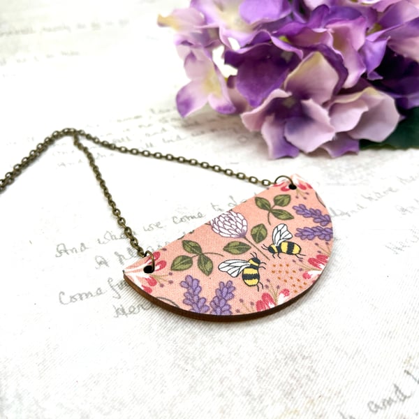 Bees and flowers statement curved fabric and wood necklace nature lover