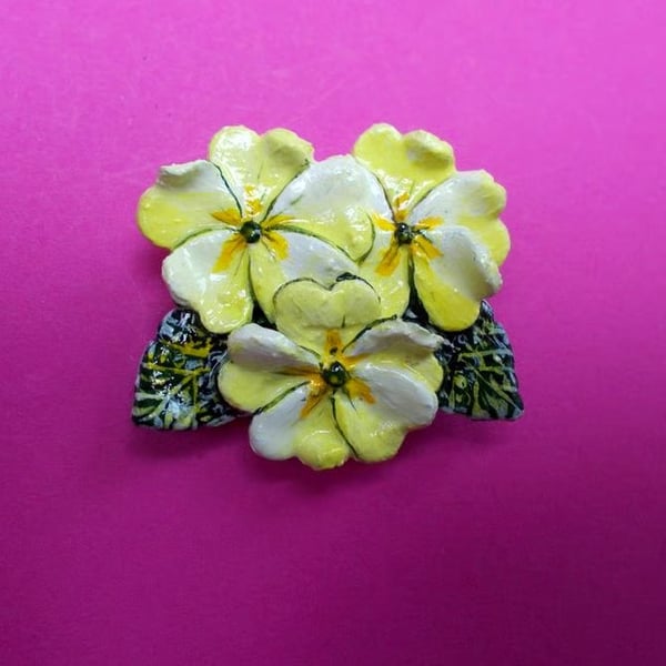 Handmade PRIMROSE BROOCH : Yellow Clay Primrose Lapel Flower Pin, Hand Painted