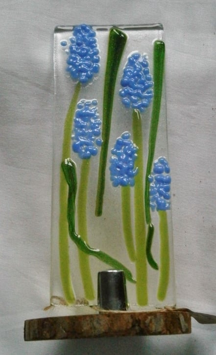 Fused glass Worry Poppet - Suncatcher with Blue Grape Hyacinth - Muscari