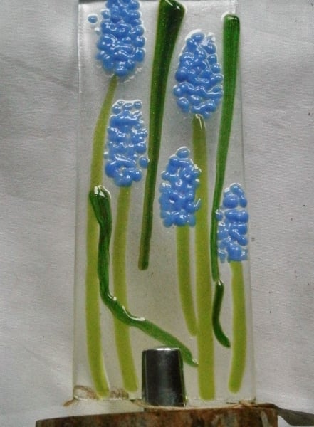 Fused glass Worry Poppet - Suncatcher with Blue Grape Hyacinths