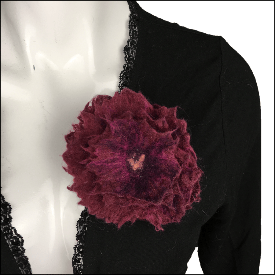 Burgundy flower brooch or corsage, lapel or scarf pin, hand felted