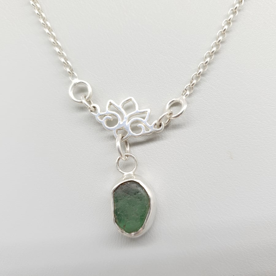 Sterling Silver Green Sea Glass Pendant With Lotus Flower & Rolo Chain 