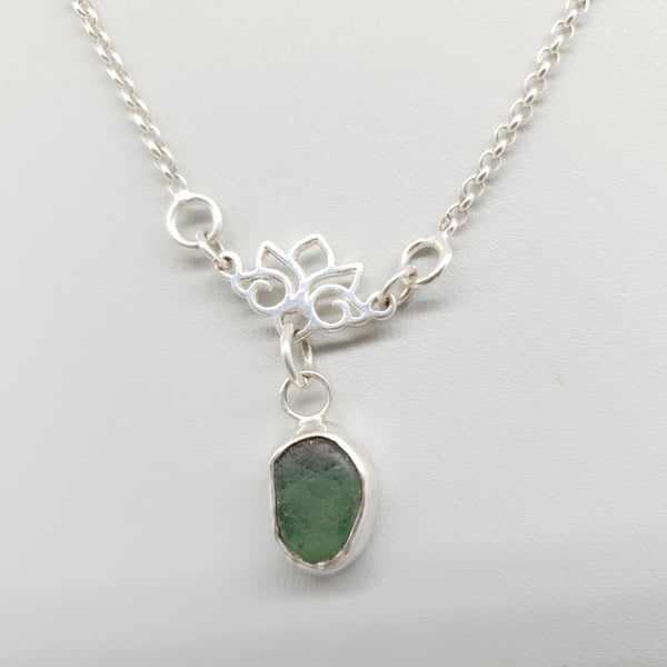 Sterling Silver Green Sea Glass Pendant With Lotus Flower & Rolo Chain 